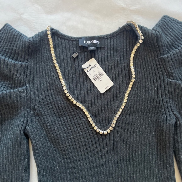NWT Express Embellished Rhinestones V-Neck Puff Gray Sleeve Cocktail Sweater S - Picture 4 of 7